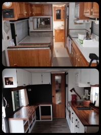 progress shot of kitchen dining desk area in travel trailer turned tiny house remodel