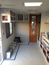 Benjamin Moore Coventry Gray on the walls in our travel trailer turned tiny house remodel