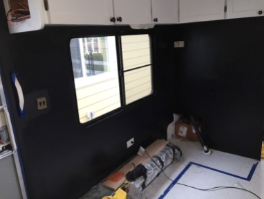Benjamin Moore Black on the walls in our travel trailer turned tiny house remodel